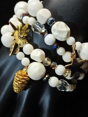 Vintage 80’s Charm Stretch Bracelet Set White Beaded Boho Statement Jewelry 4 Pc
